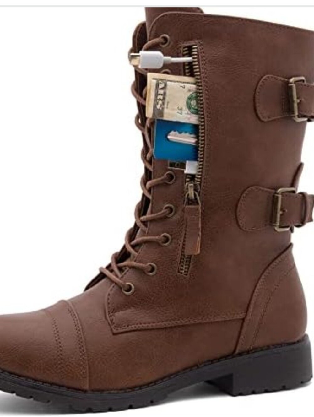 Women's Brown Lace-Up Combat Moto Boot with Side Zipper
